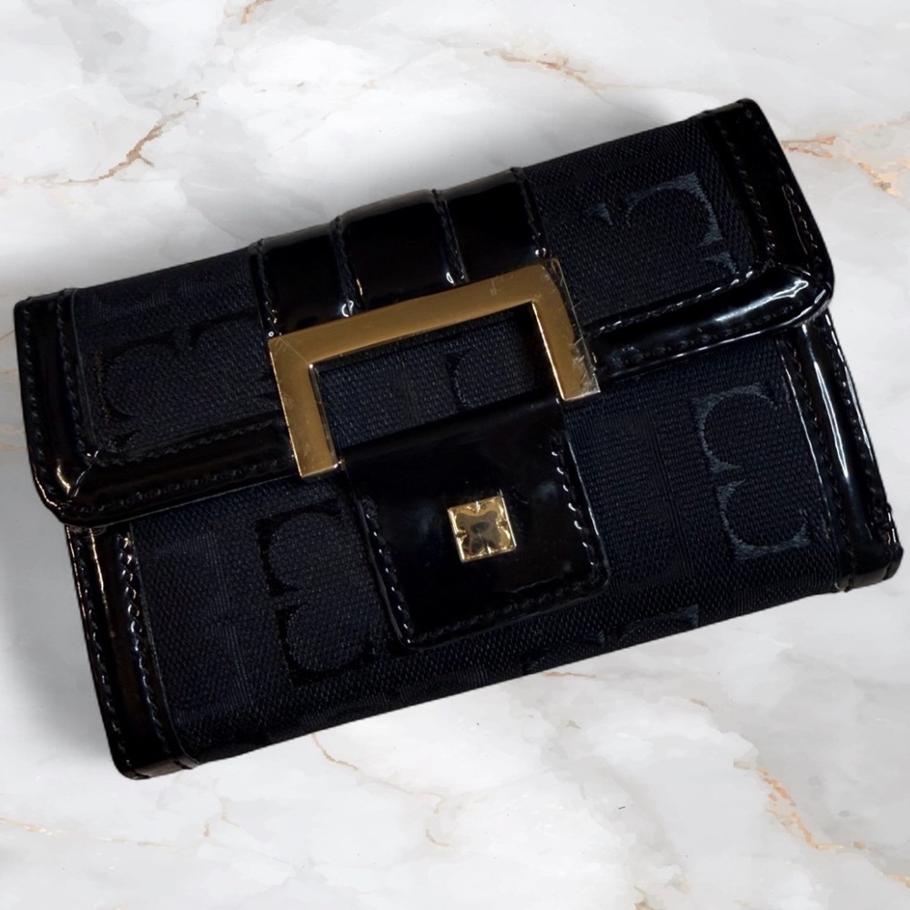 Baller Liz Claiborne New York Black Patent and Canvas Monogram Trifold Wallet